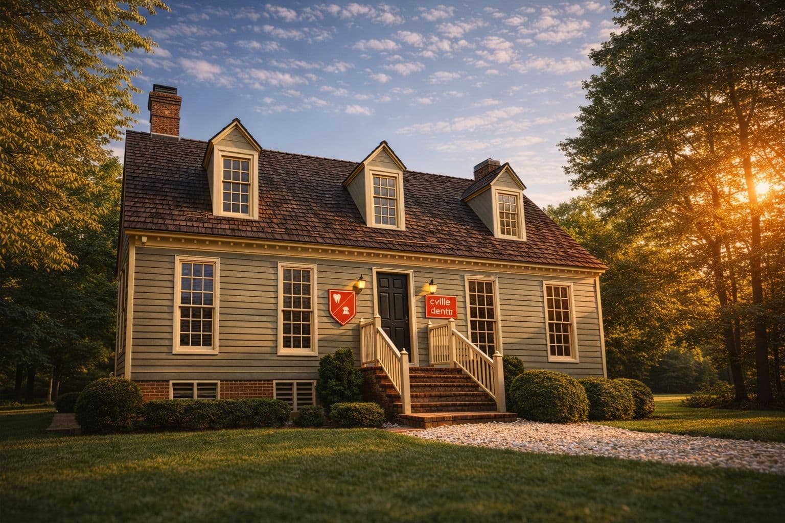 Cville Dentist's colonial office at sunset on Commonwealth Drive in Charlottesville, Virginia